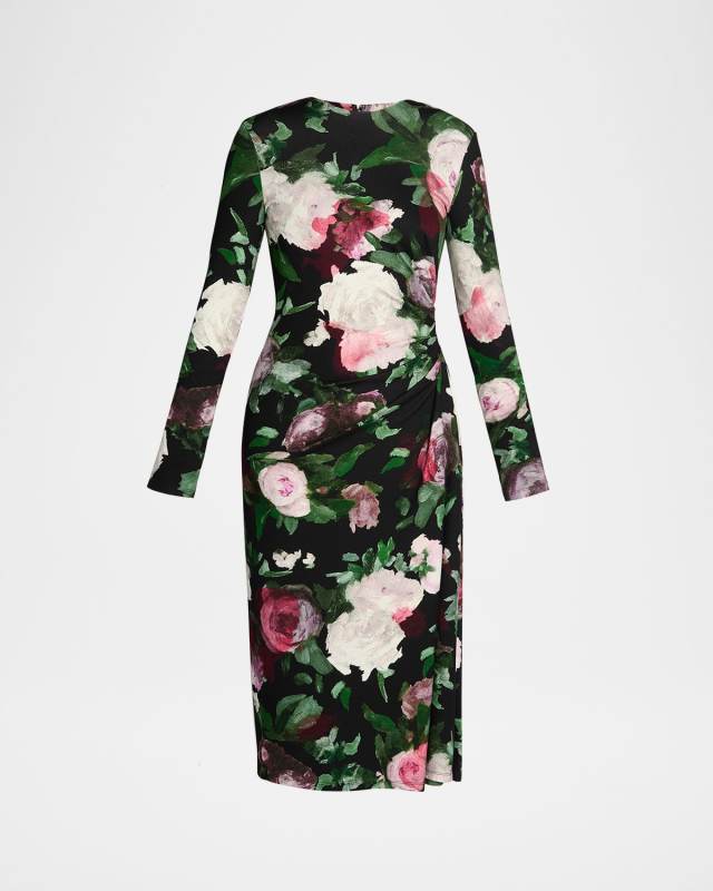 Floral Long-Sleeve Draped Midi Dress